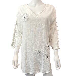 Sea Breeze Tunic Top Womens 2X White Cotton Ladder Cutout Sleeves Embroidered Da